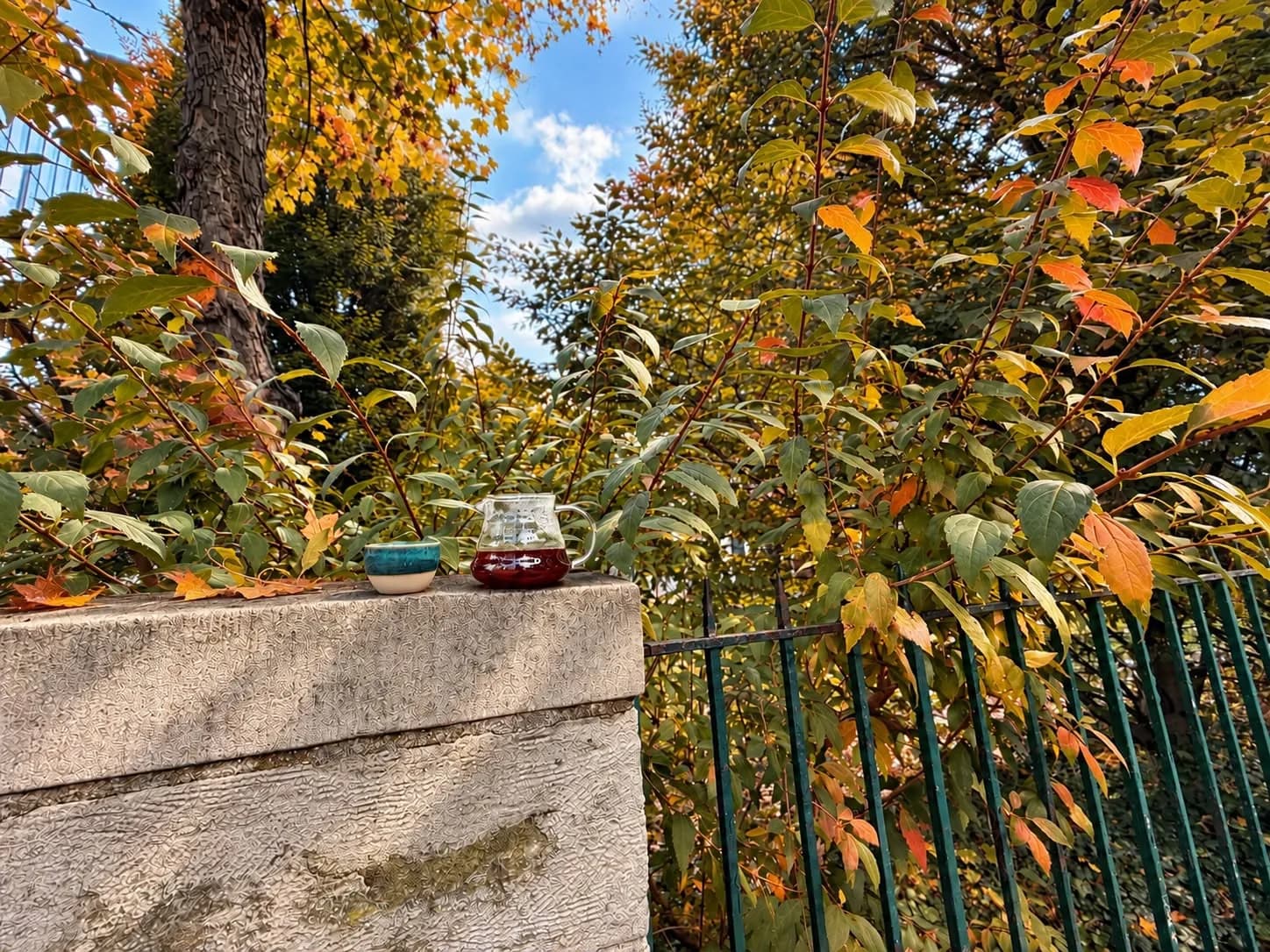 Kaffee-Stillleben vor herbstlichem Laub