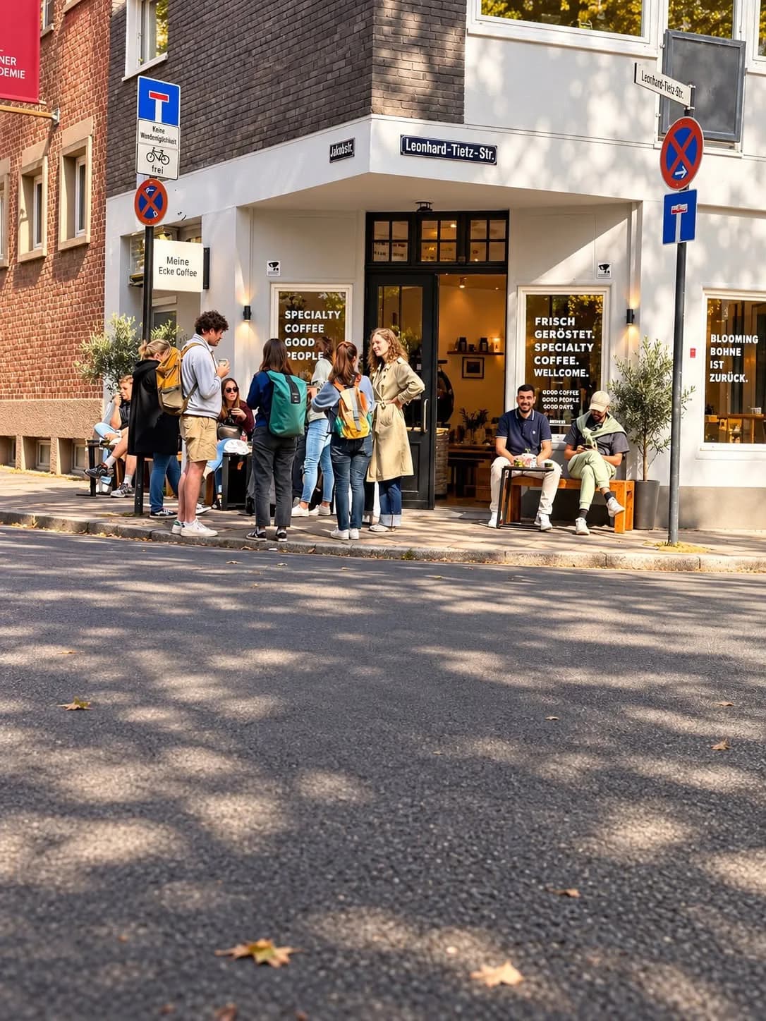Belebte Café-Ecke an einem sonnigen Tag