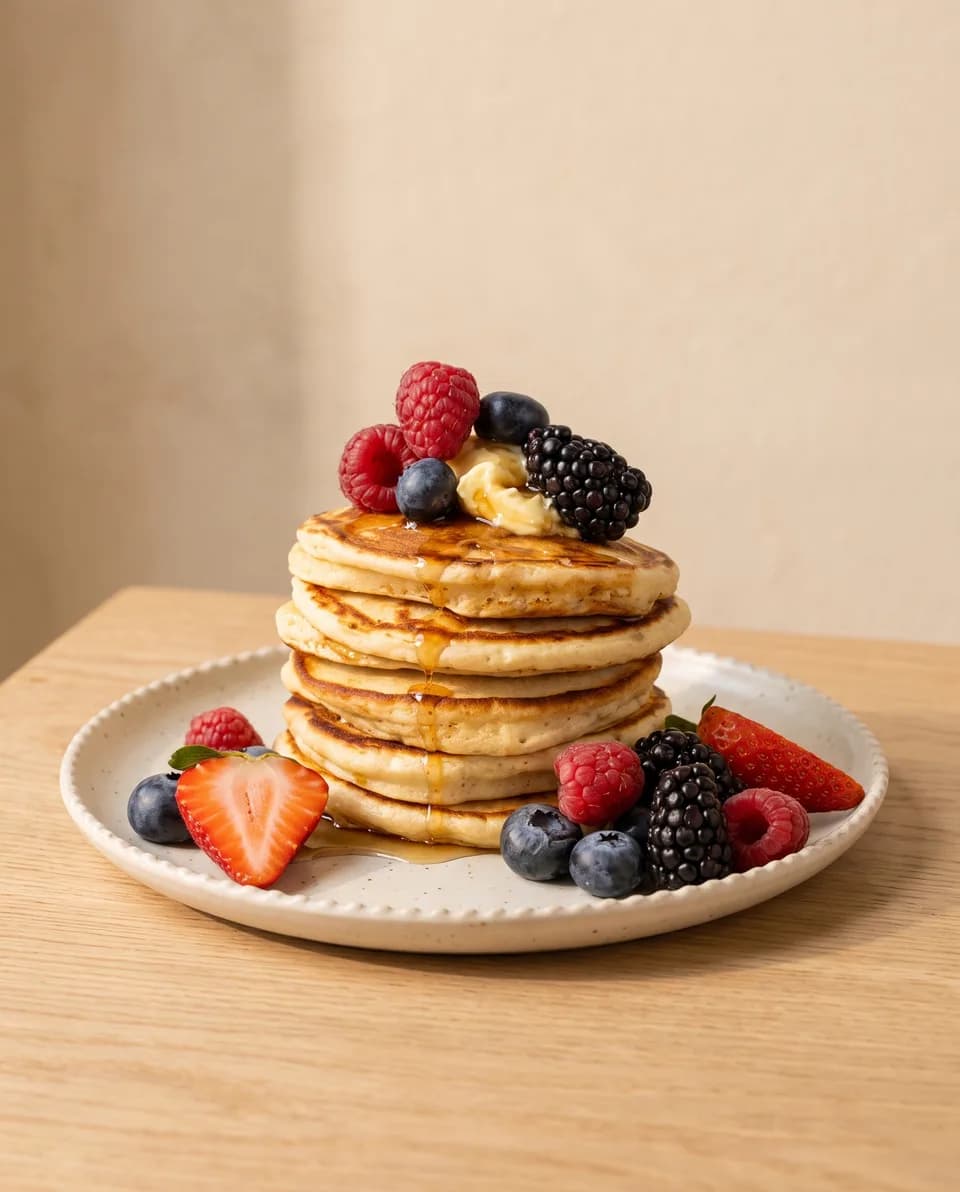 Stapel Pancakes mit frischen Beeren und Ahornsirup