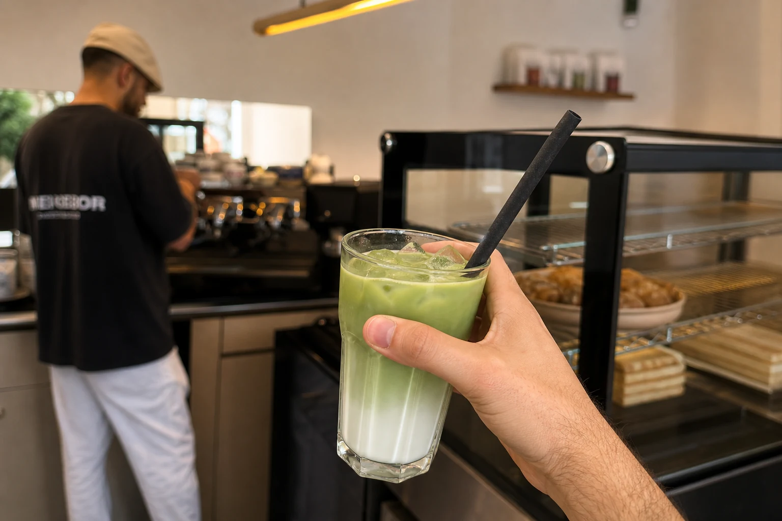 Iced matcha at the meineecke coffee counter in a warm cafe atmosphere.